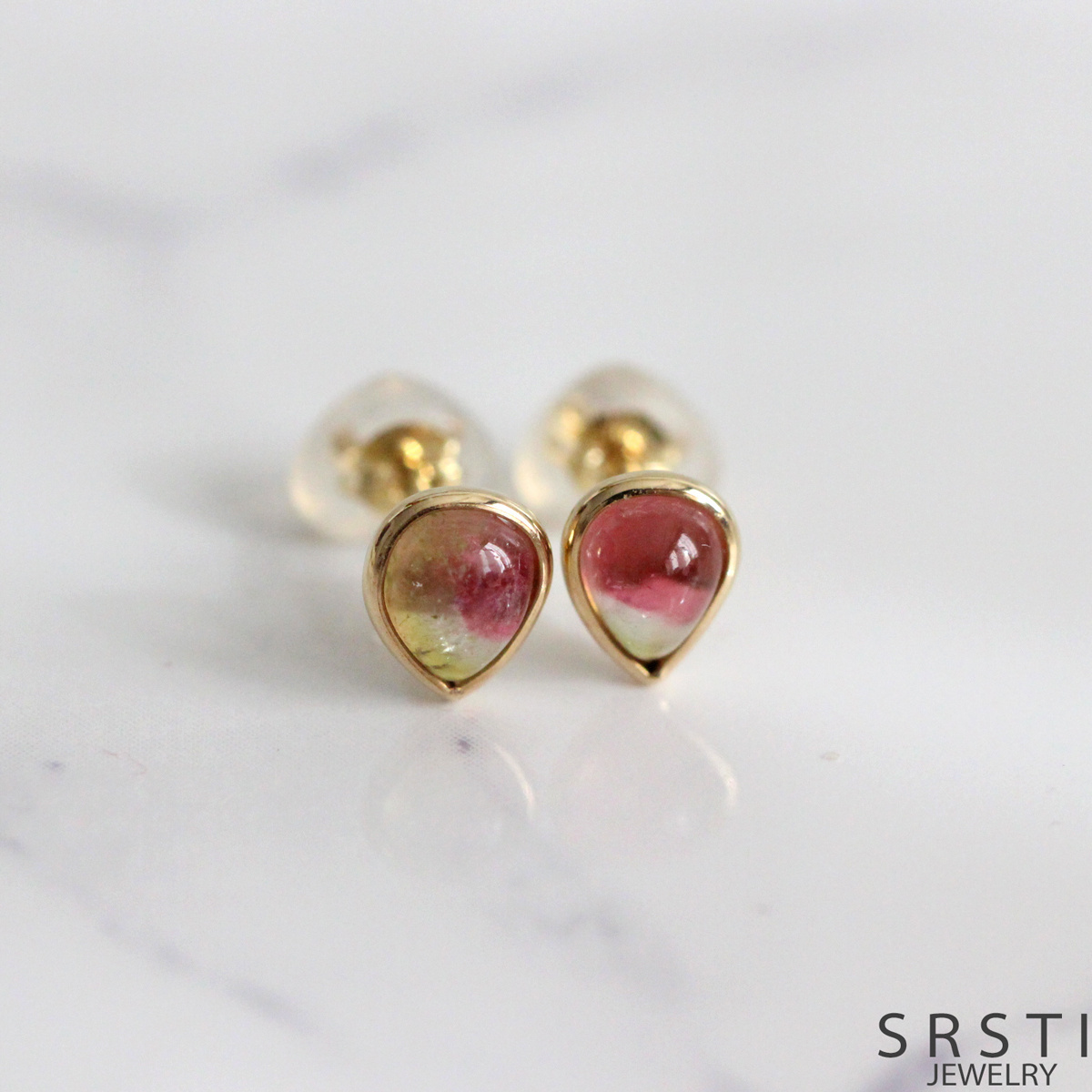 Bi color Tourmaline K14 Gold Stud Earring